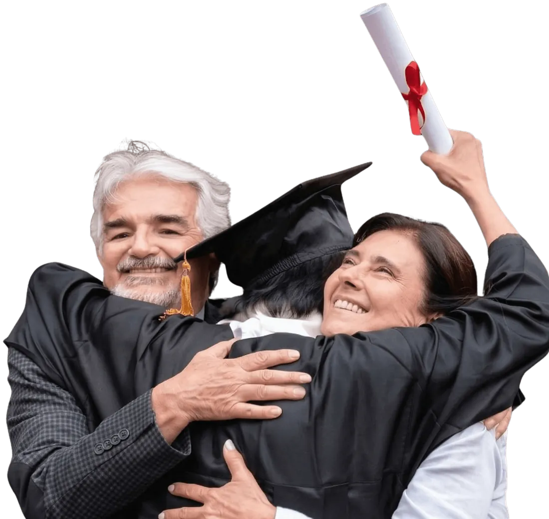 Parents hugging their graduate, diploma raised in celebration